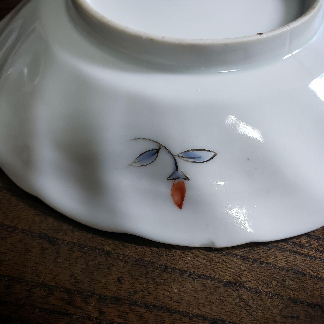 色絵付　皿　鳳凰　ねじり花弁縁　古伊万里　花文　唐草　銘　窯傷　ハ号