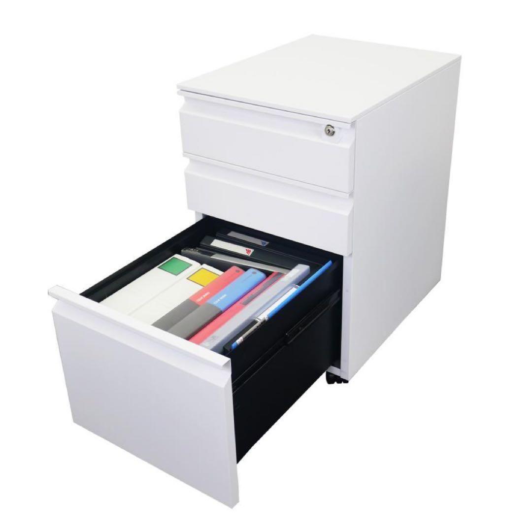 デスクワゴン サイドワゴン 鍵付き 完成品 3段 キャスター ホワイト 2850