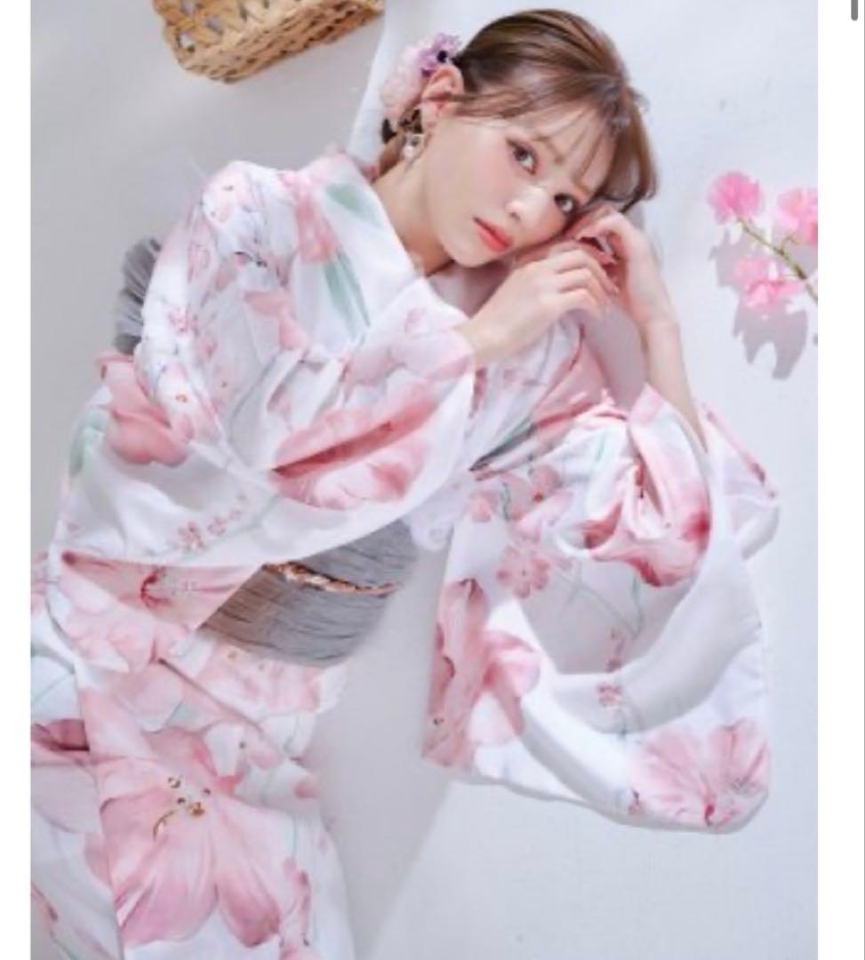 Sugar ニュアンスピンク水彩朝顔浴衣、着付け、レースセット、パール飾り紐