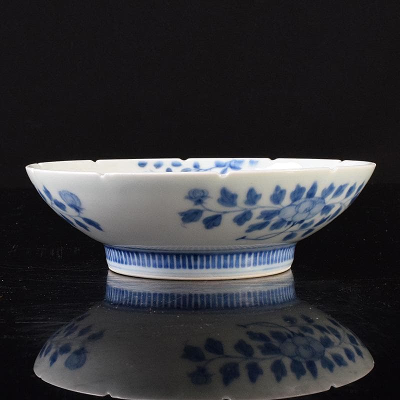 鍋島焼　染付　萩文　五寸皿　輪花皿　時代箱　V　R8110