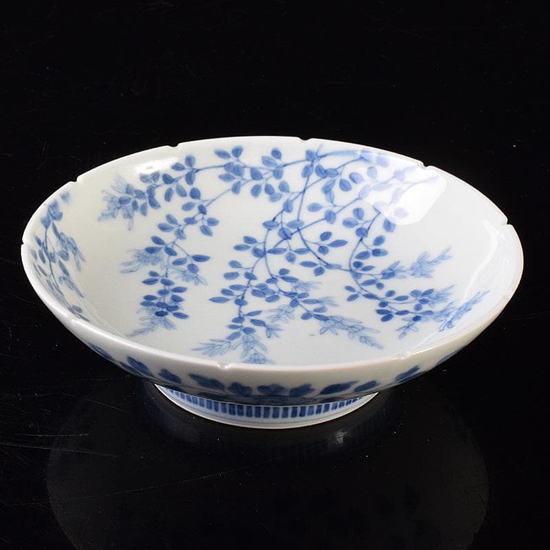 鍋島焼　染付　萩文　五寸皿　輪花皿　時代箱　V　R8110