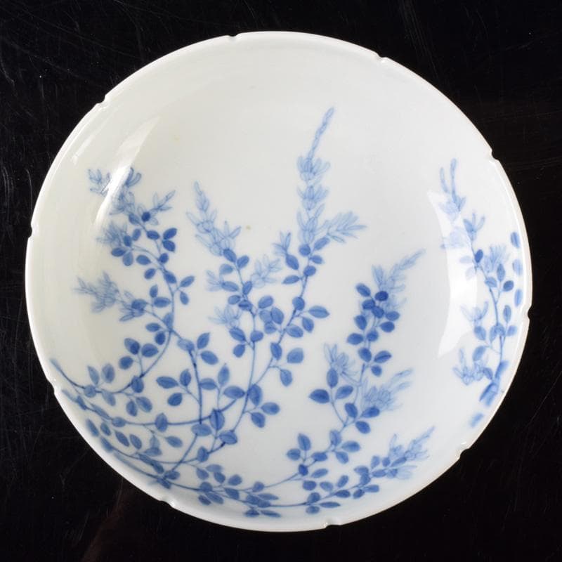 鍋島焼　染付　萩文　五寸皿　輪花皿　時代箱　V　R8110