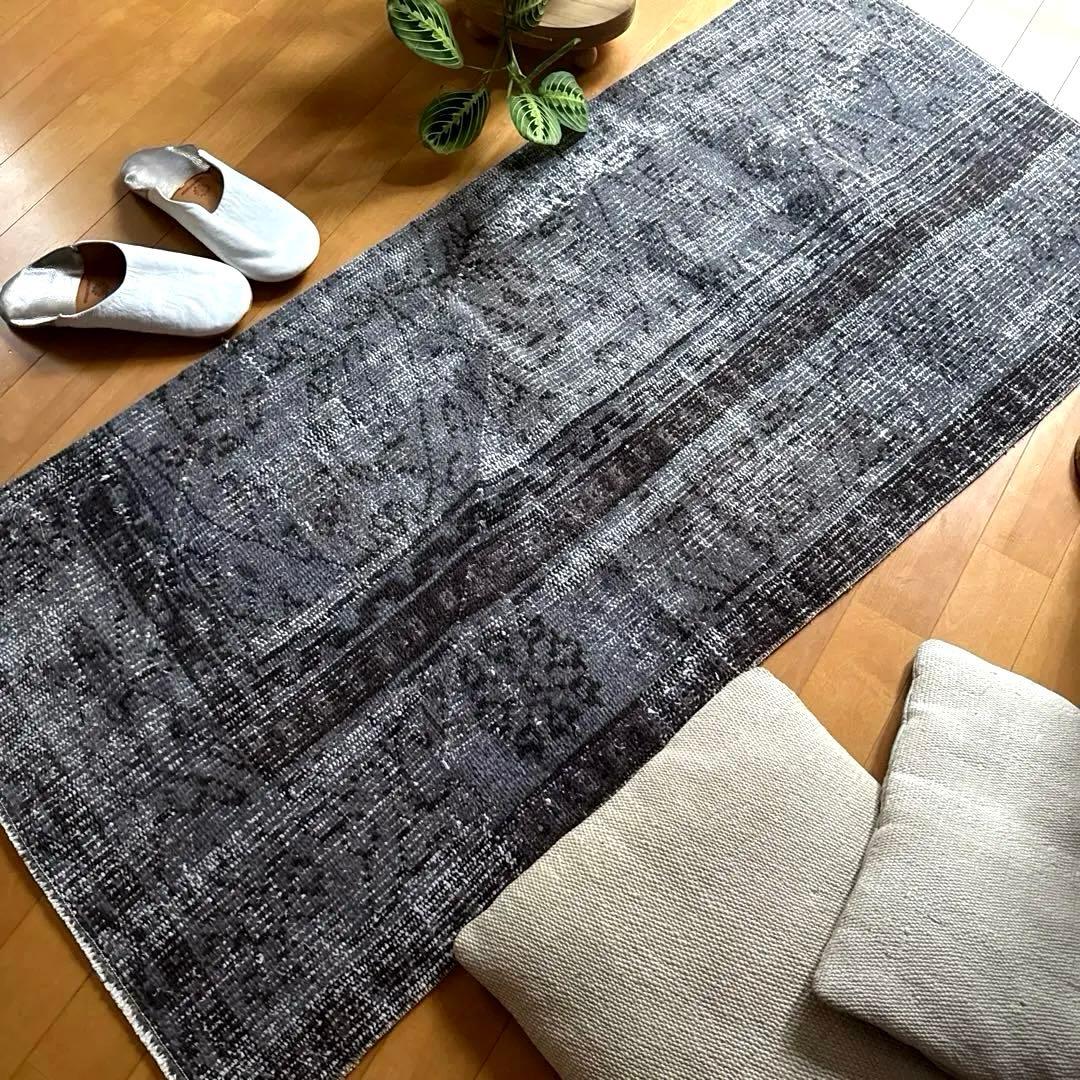 62×137.5 ダークグレイオーバーダイ　ボタニカル　トルコヴィンテージラグ