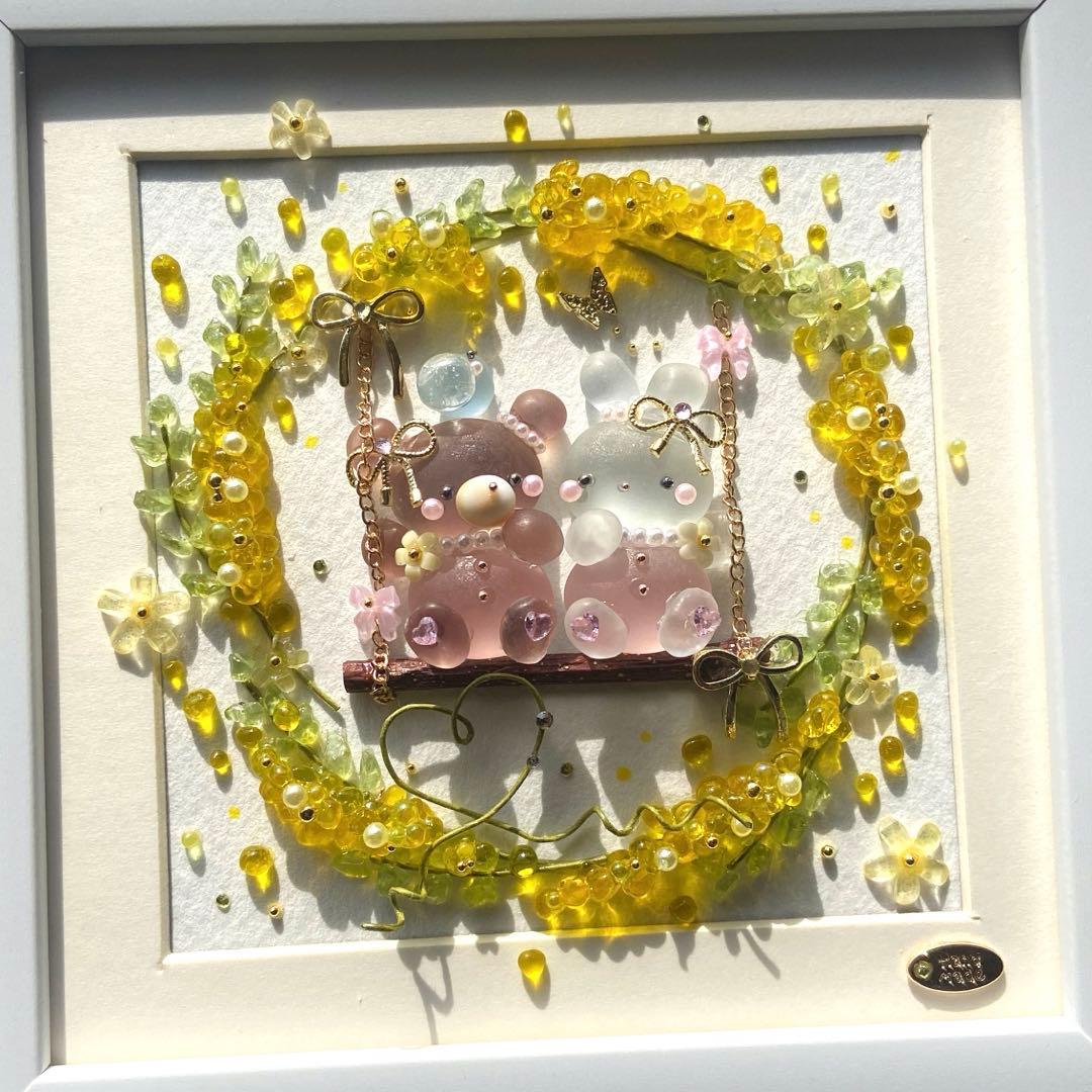 ♡ミモザリースのブランコで...♡シーグラスアート くまさんうさぎさん