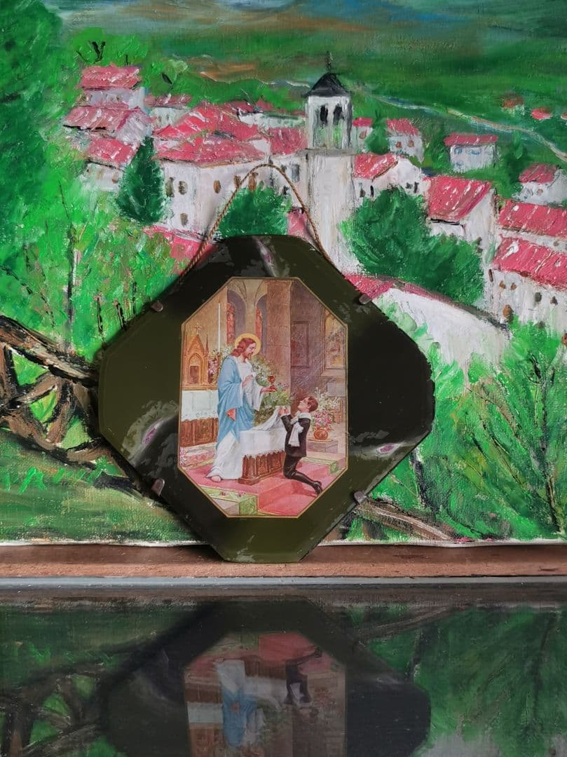 アンティーク 初聖体記念 キリストと少年 美しい八面体壁掛け深緑ガラスパネル