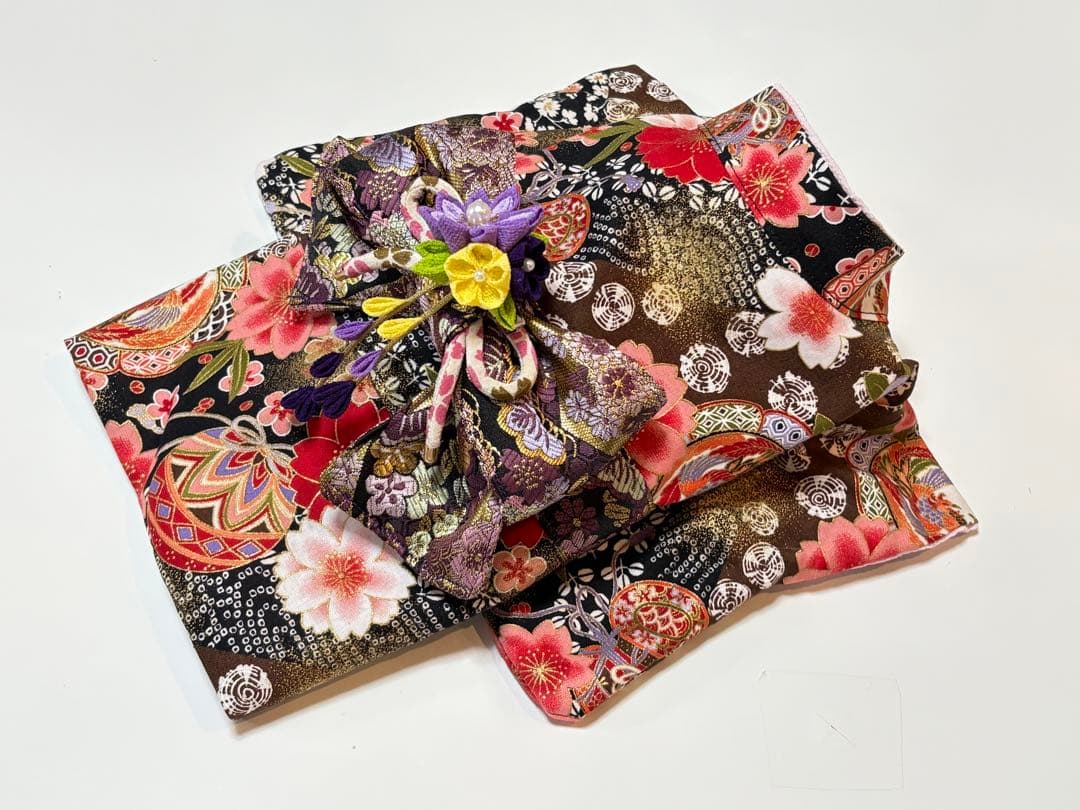 ★新作★完成品☆犬服☆つまみ細工帯飾り付き 犬用着物Sサイズ 女の子和柄ブラック