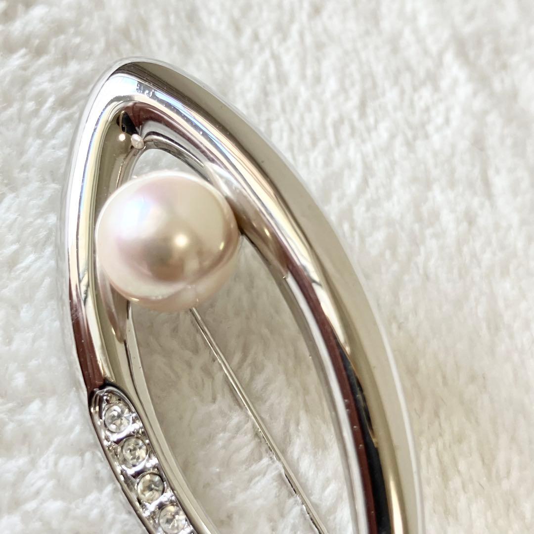 ★美品★ミキモト　パールブローチ　ラインストーン　シルバー　あこや真珠　大珠