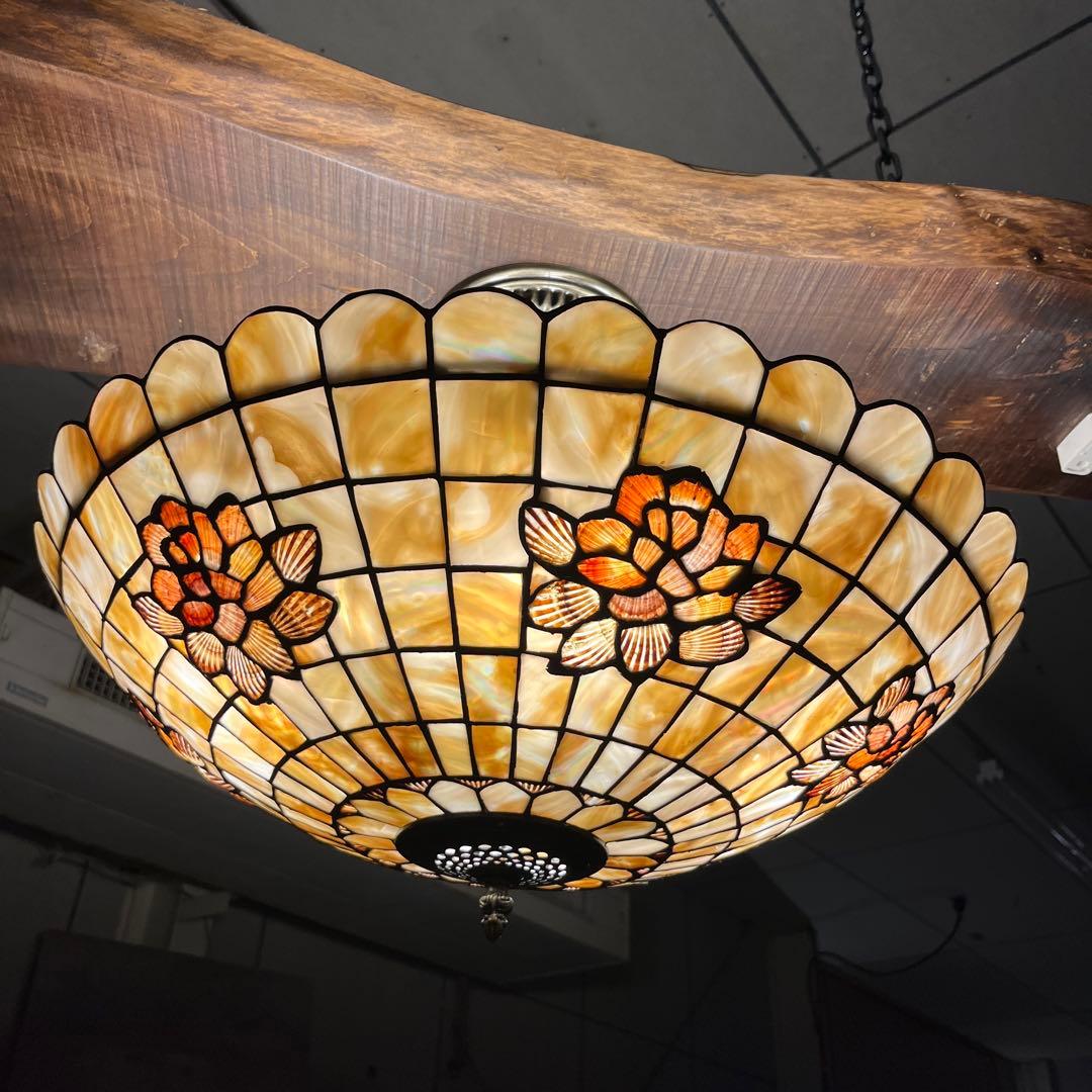 【瀧住照明製】ステンドグラス風シャンデリア 5灯式 天井直付け 花柄デザイン①