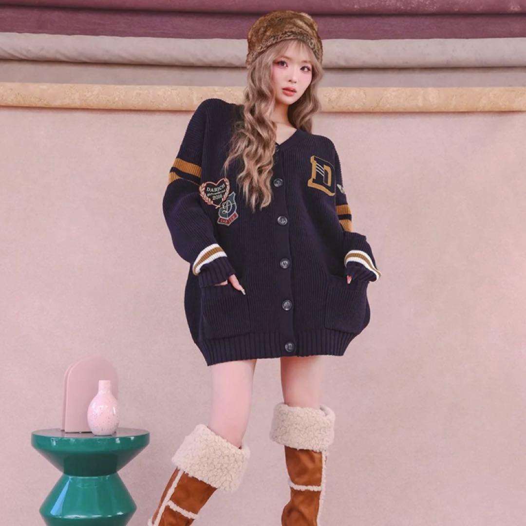 Darich ダーリッチ カレッジワッペンVネックニットカーディガン ネイビー