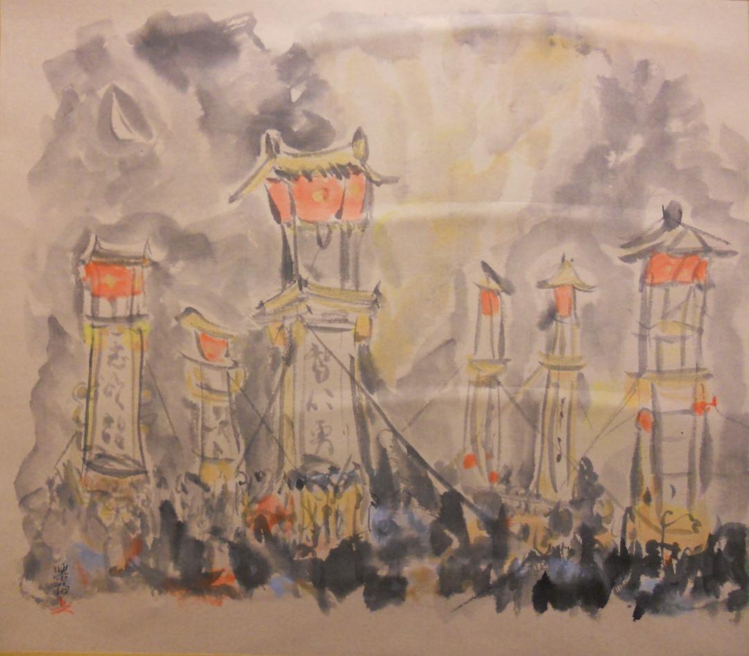 掛け軸 楽梅 『 川渡り 神幸祭 』 紙本 希少 軸装 茶道具 掛軸 美品 です