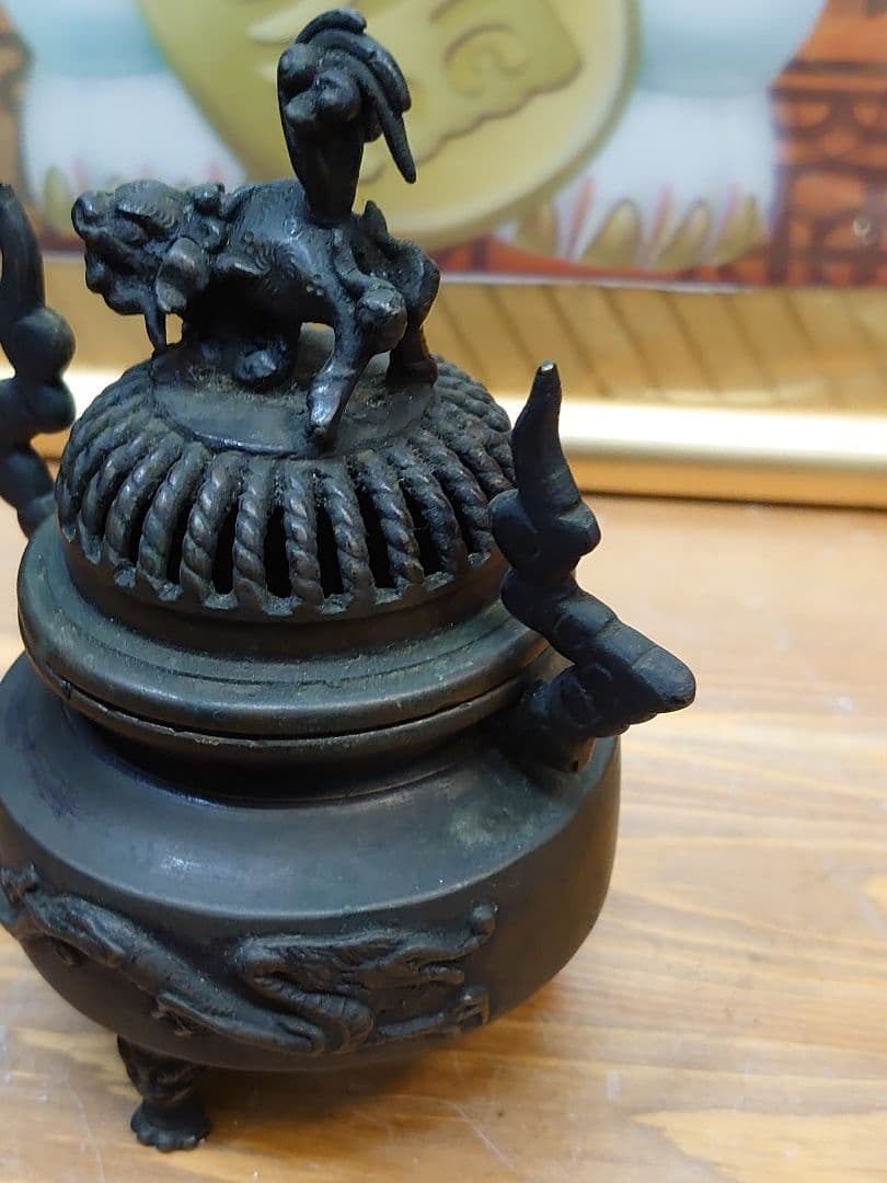 開運 龍 龍神 龍&獅子香炉 ブロンズ製（真鍮製）