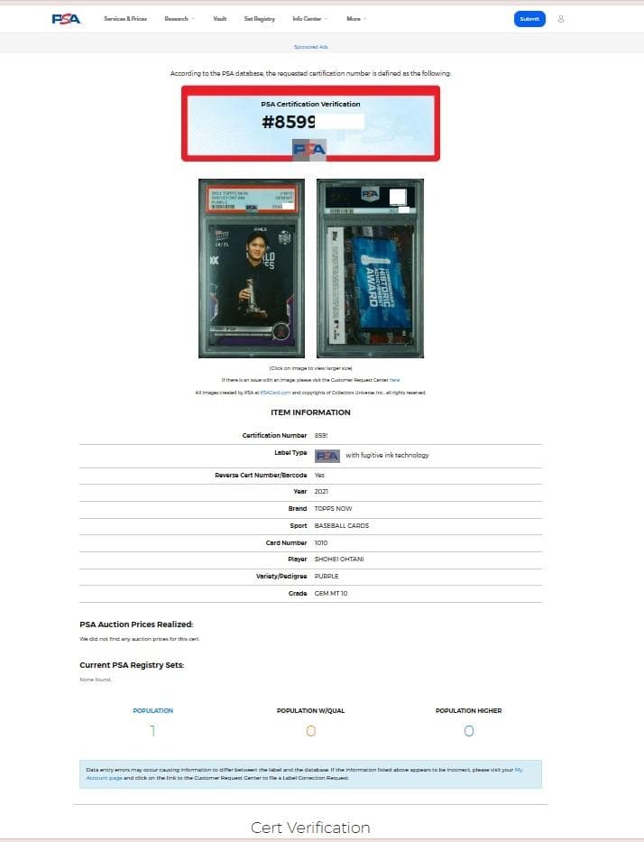 世界で1枚！　大谷翔平　Topps now　PSA10　パープルパラレル