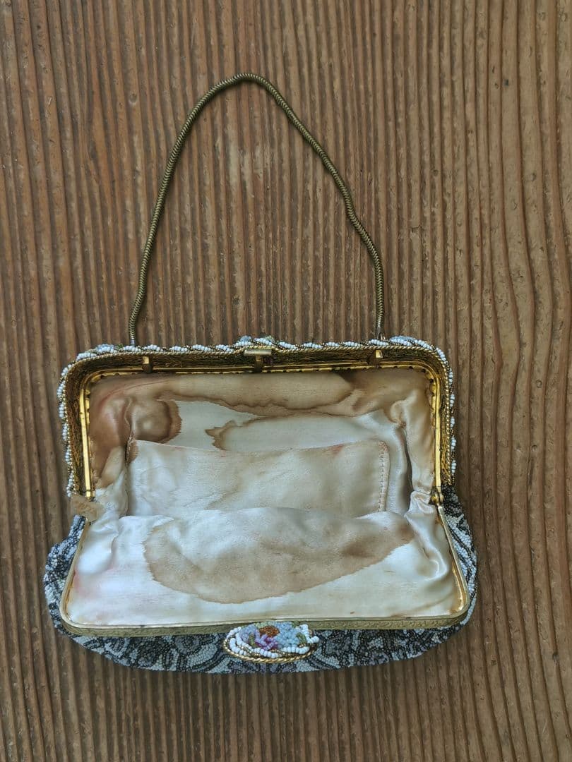 アンティーク マイクロビーズガラス 乳白透金ビーズ イブニング/パーティーバッグ