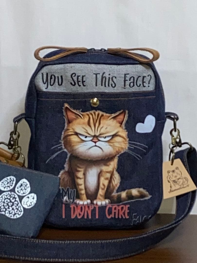 ハンドメイド☆岡山デニム♪ステンシル☆黒ネコ♪悪ネコ☆ショルダーバッグ