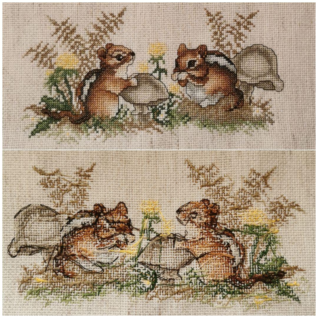 アンティークニードルクロスポイント草原のシマリス麻クロス 蒲公英ドングリ茸リネン