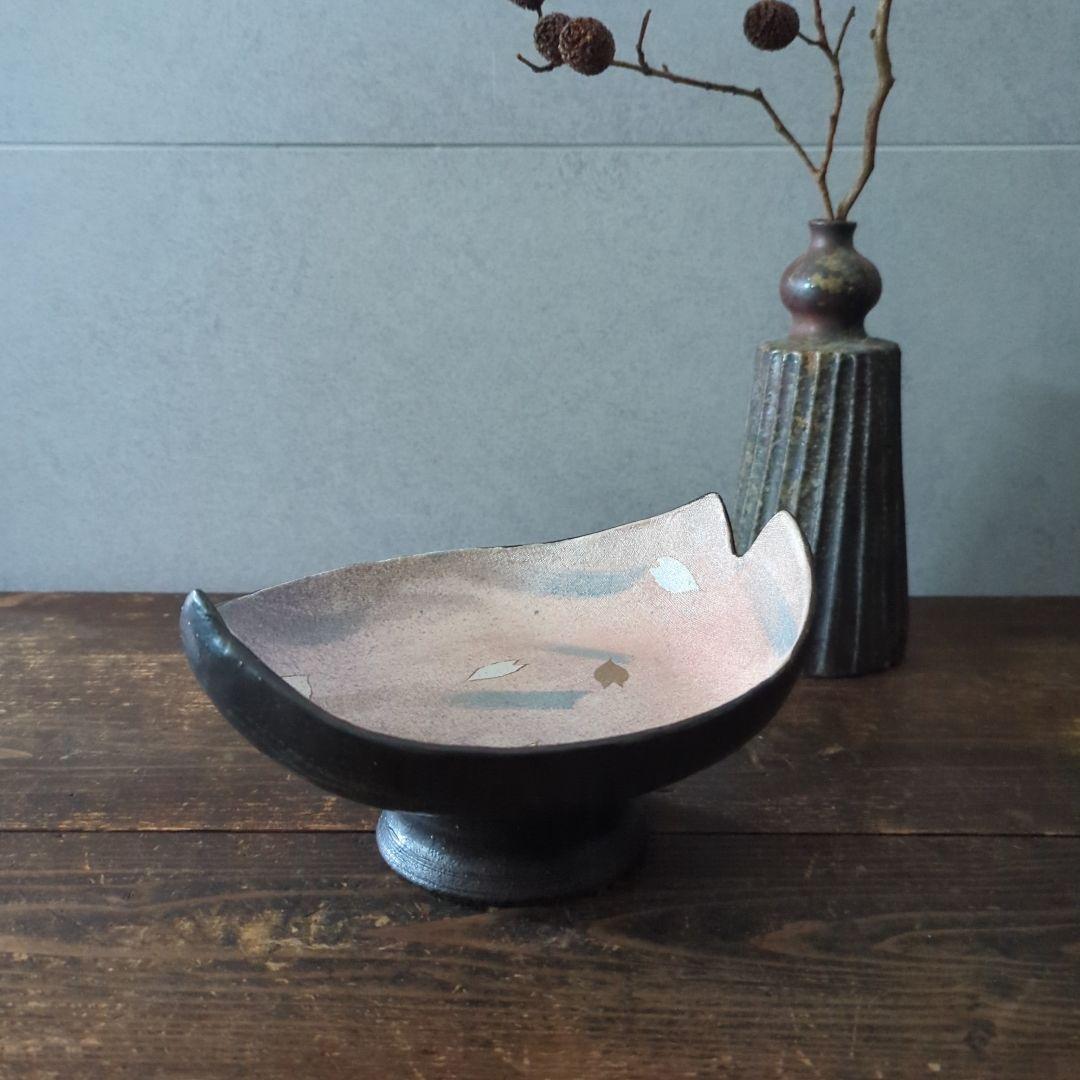 陶芸　作家もの　益子焼　島田恭子作　桜花弁型　菓子器　高台皿　コンポート