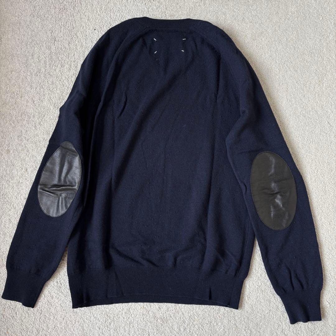 本人期 マルタンマルジェラ エルボーパッチニット ネイビー 羊革 14 Vネック