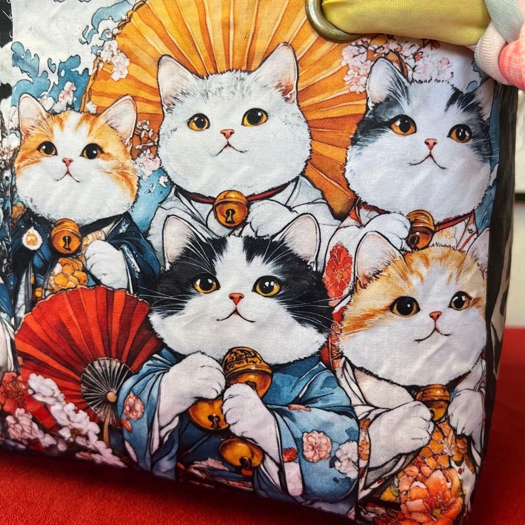 猫がいっぱい 一閑張り バッグ かごバッグ ハンドバッグ 和柄 猫 横長大きめ