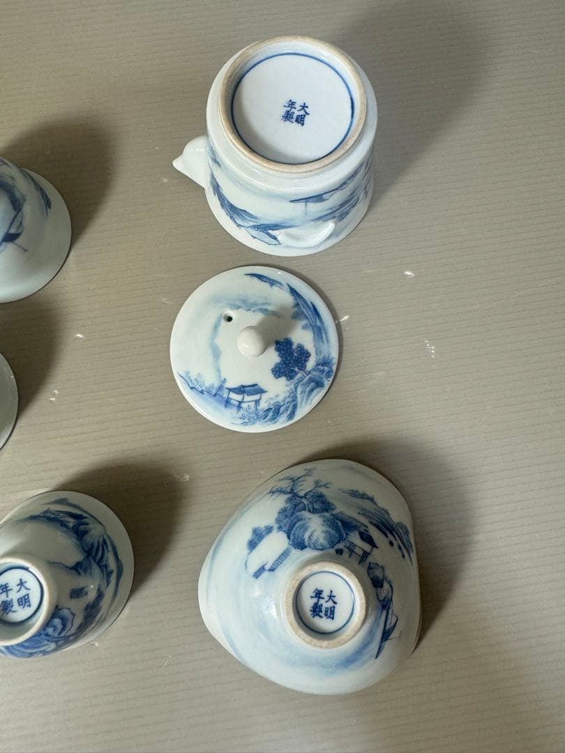 2616中国骨董　大明年製銘　染付山水茶器セット　宝瓶1客　湯冷し1客　湯呑5客