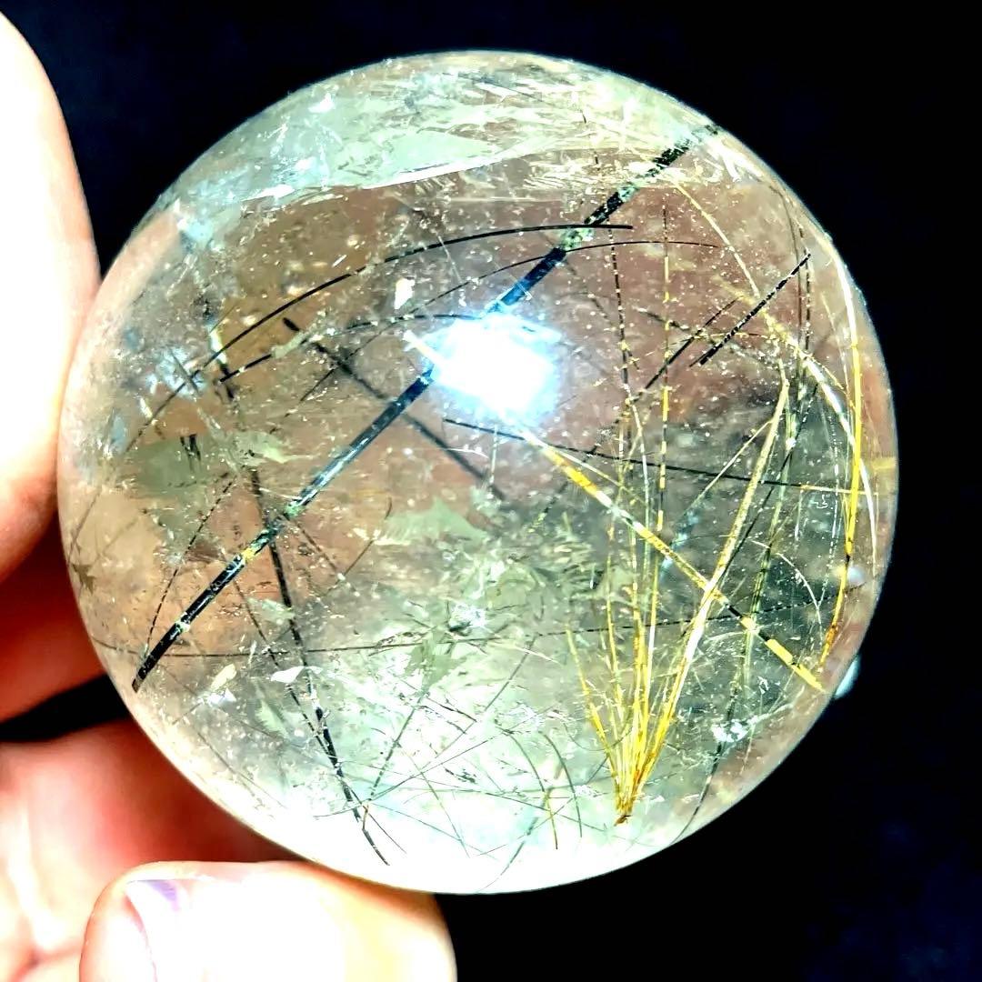 45mm ゴールドブラックルチルクォーツ　丸玉　スフィア　金黒針水晶