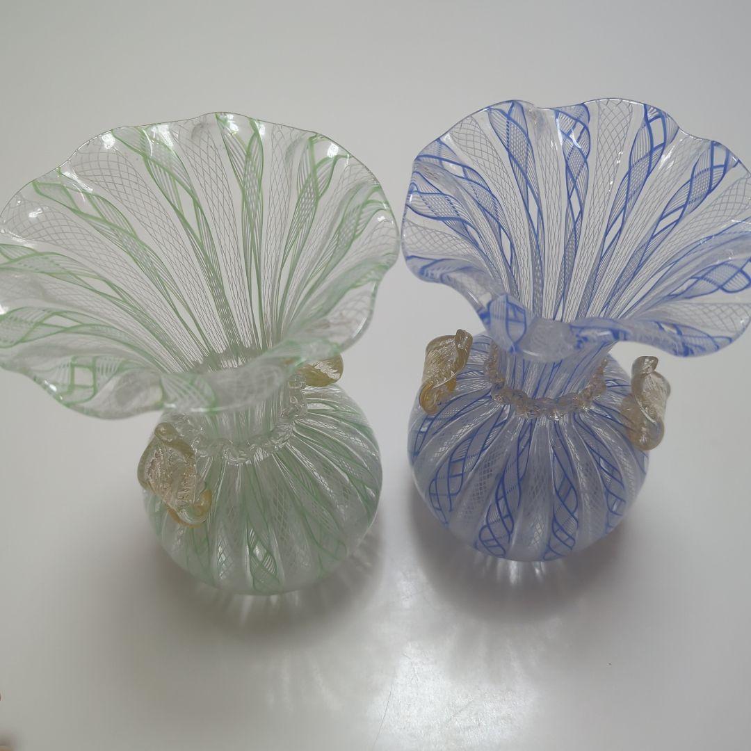 ガラス製花瓶 緑と青のストライプ　ベネチア製