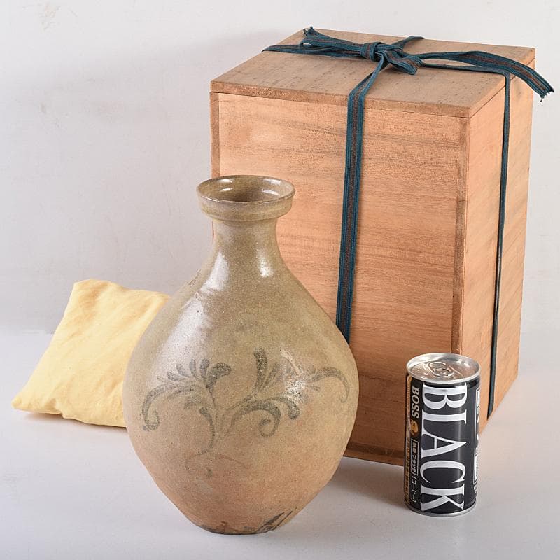 朝鮮美術　李朝　高麗青磁　鉄絵　草文　碗口瓶　時代箱付　M　R7852B