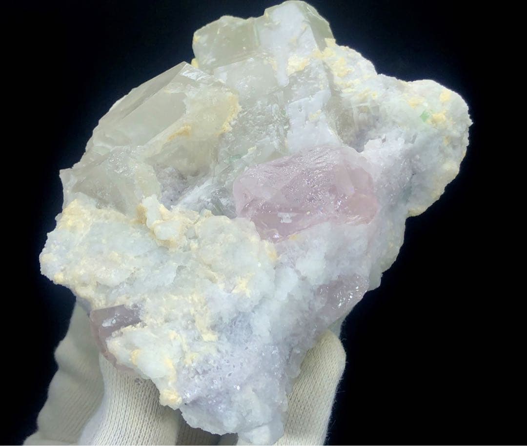 天然ピンクモルガナイト、クォーツクリスタル、グリーントルマリン