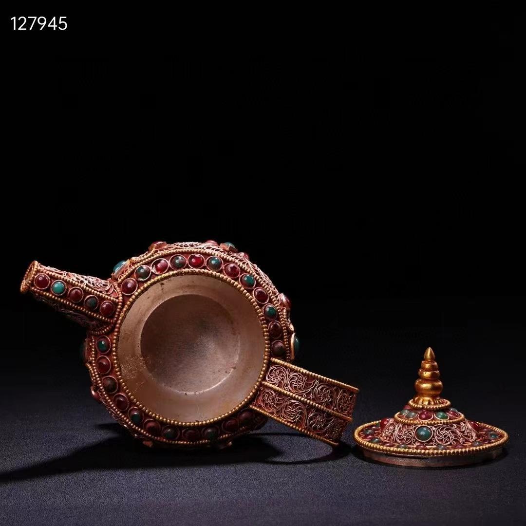 中国古美術・旧蔵收・純手作り・花糸古銅彫塗金宝石嵌酒壺・文房置物・純銅製・酒具
