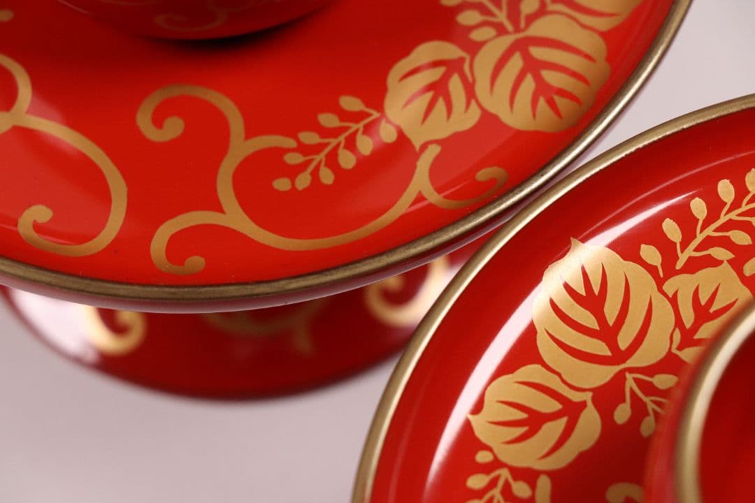 MA454 時代 桐唐草金蒔絵 朱塗 高茶台一対 天目台 赤絵 茶器 茶碗 木製