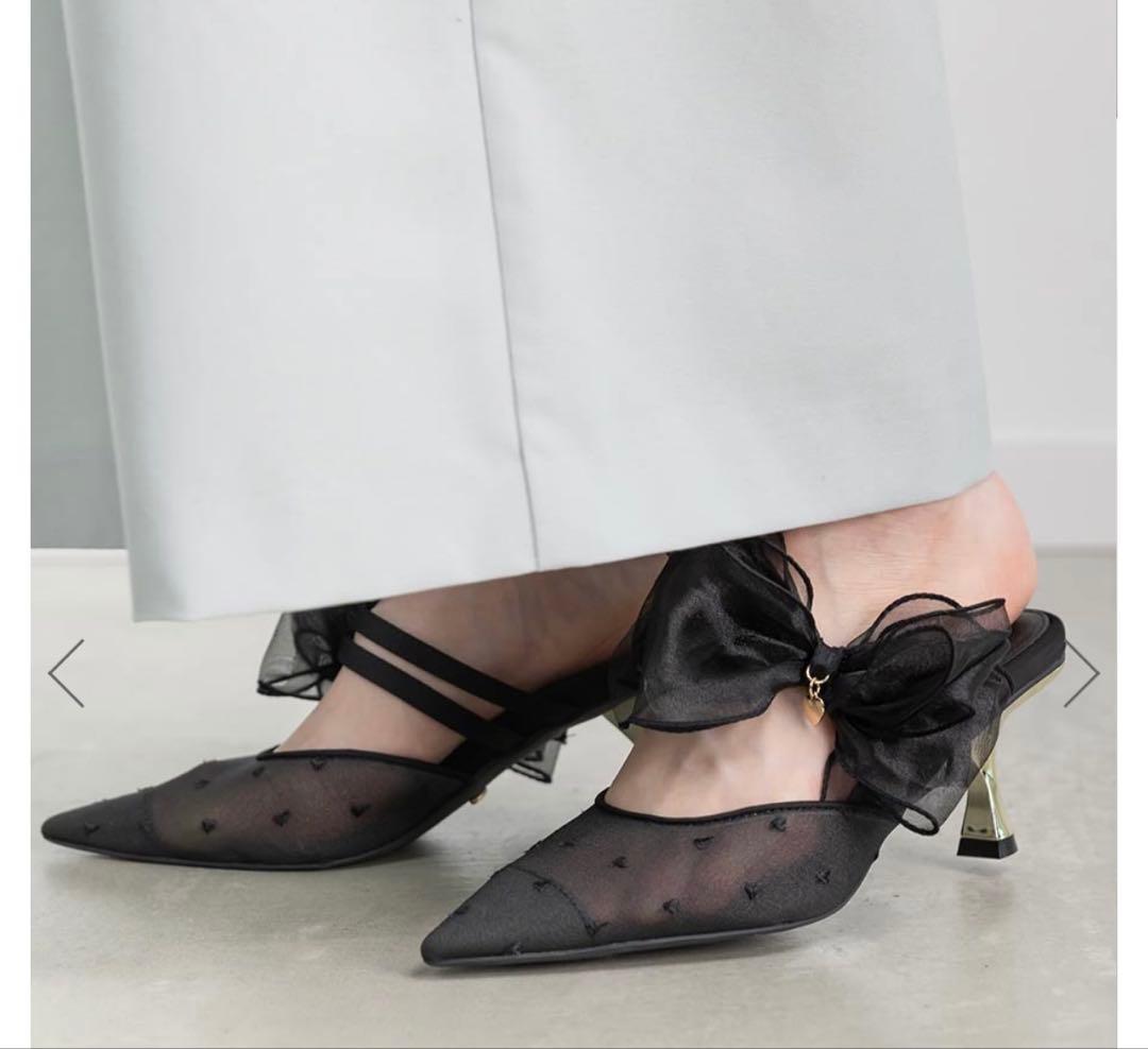 シフォンリボンハートミュールパンプス