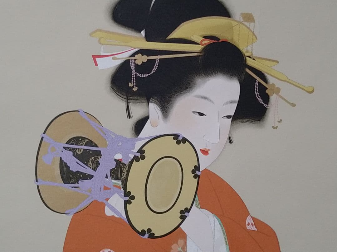 美品 掛け軸 上村松園筆「鼓の音」美人画 版画 限定品