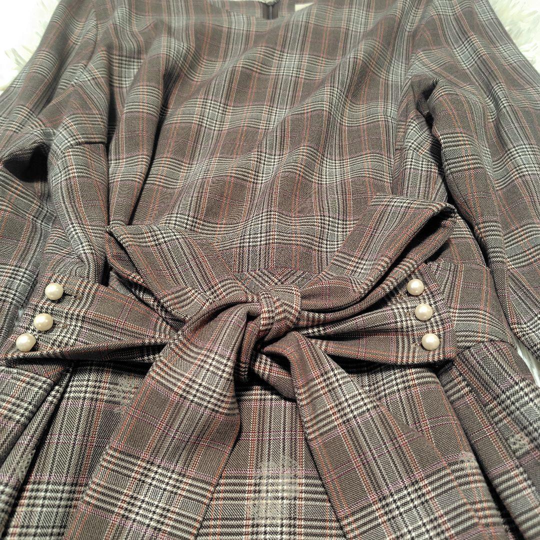 【美品♡希少46】ローズティアラ　チェック&刺繍パール　リボンフレアワンピース