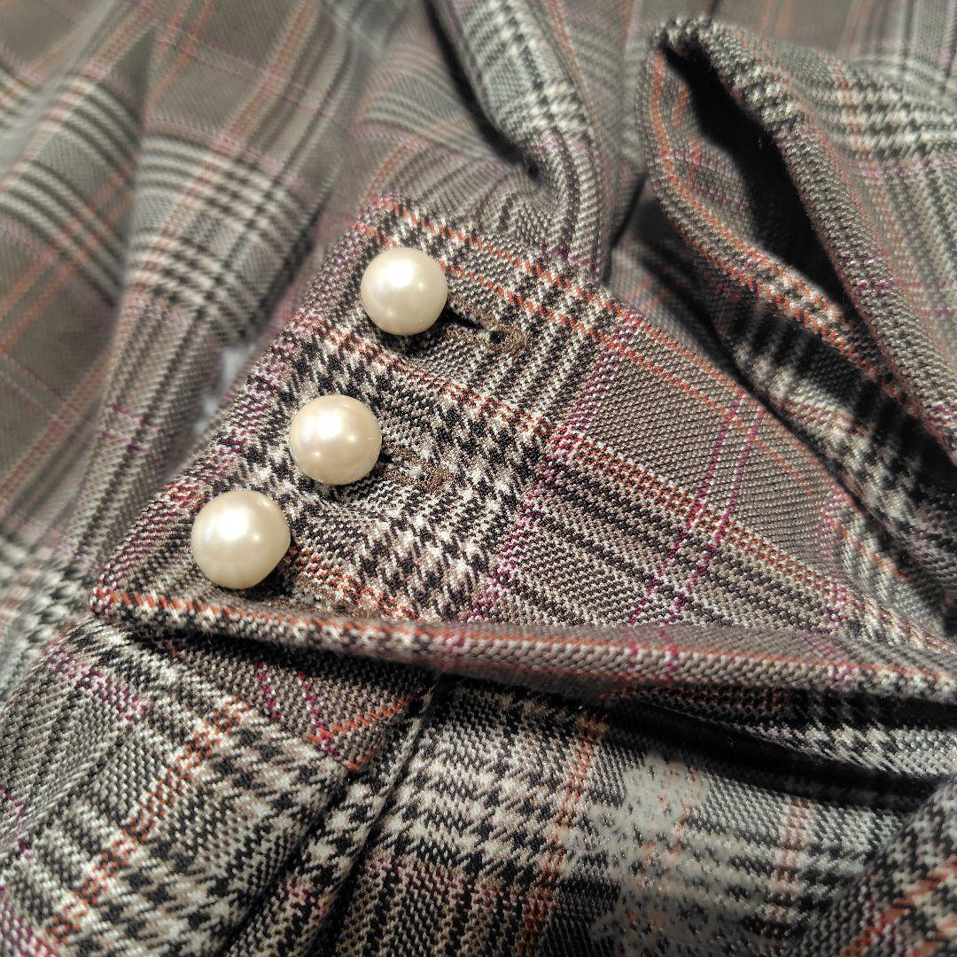 【美品♡希少46】ローズティアラ　チェック&刺繍パール　リボンフレアワンピース