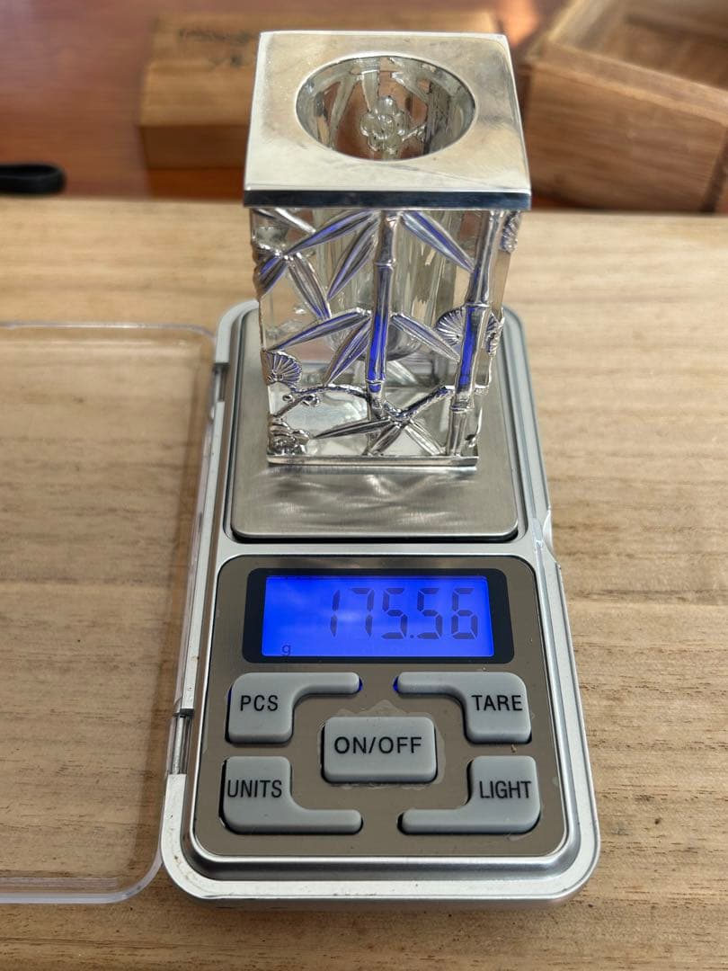 時代 昭和レトロ 銀製 極上細工硝子 松竹梅楊枝入れ 箱付き在銘175g