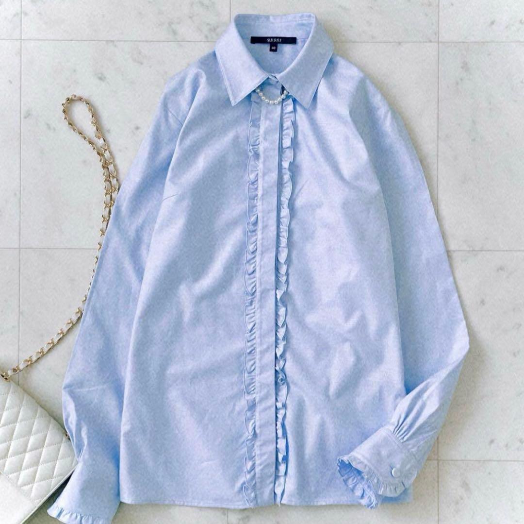 極美品 グッチ GUCCI フロントフリル 比翼仕立て コットンブラウス 長袖