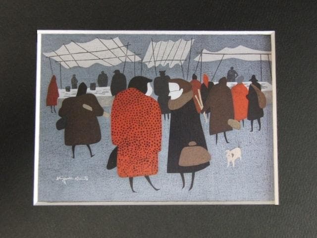 斎藤清、【パリ、朝市】、希少な大判額装用画集より、美品、新品額装付