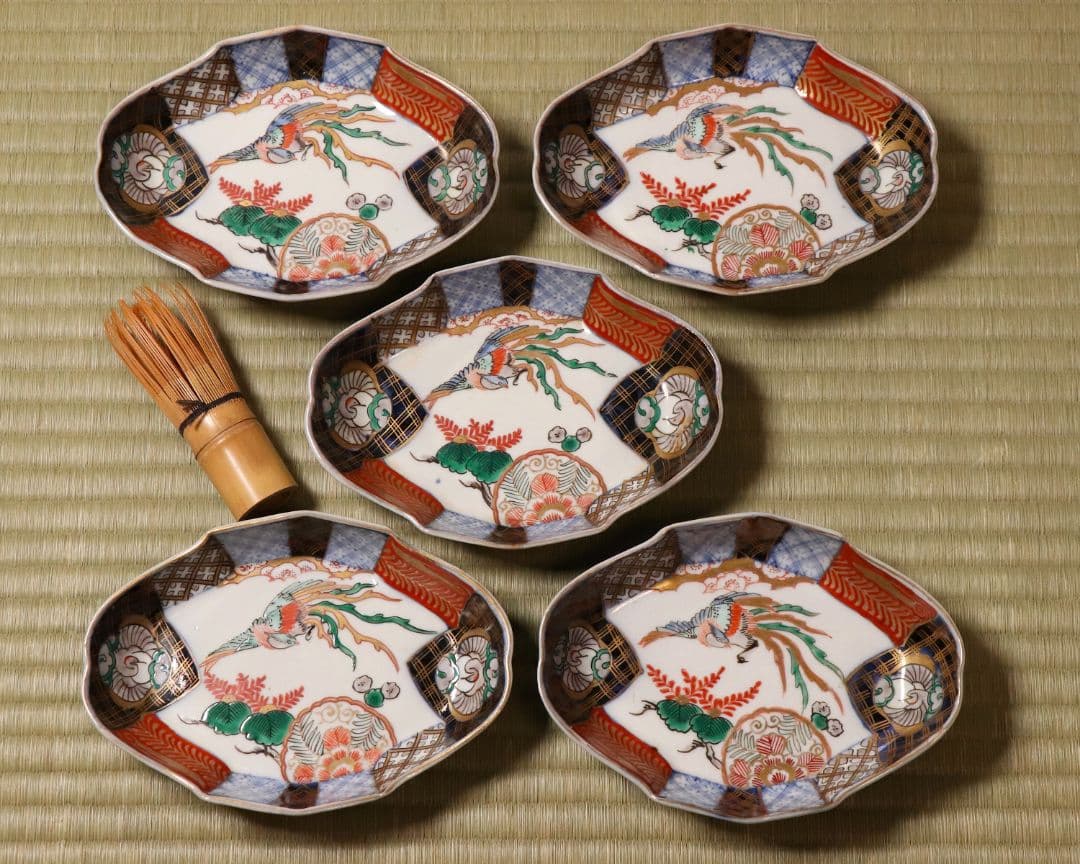 【CM53】古伊万里 桐鳳凰図 変形 刺身皿 五客 鶴 金彩 錦手 菱形 向付