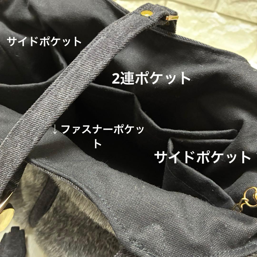 デニムリメイク　ハートキー付キューブバック　ファーとブラックデニム⭐︎横長タイプ