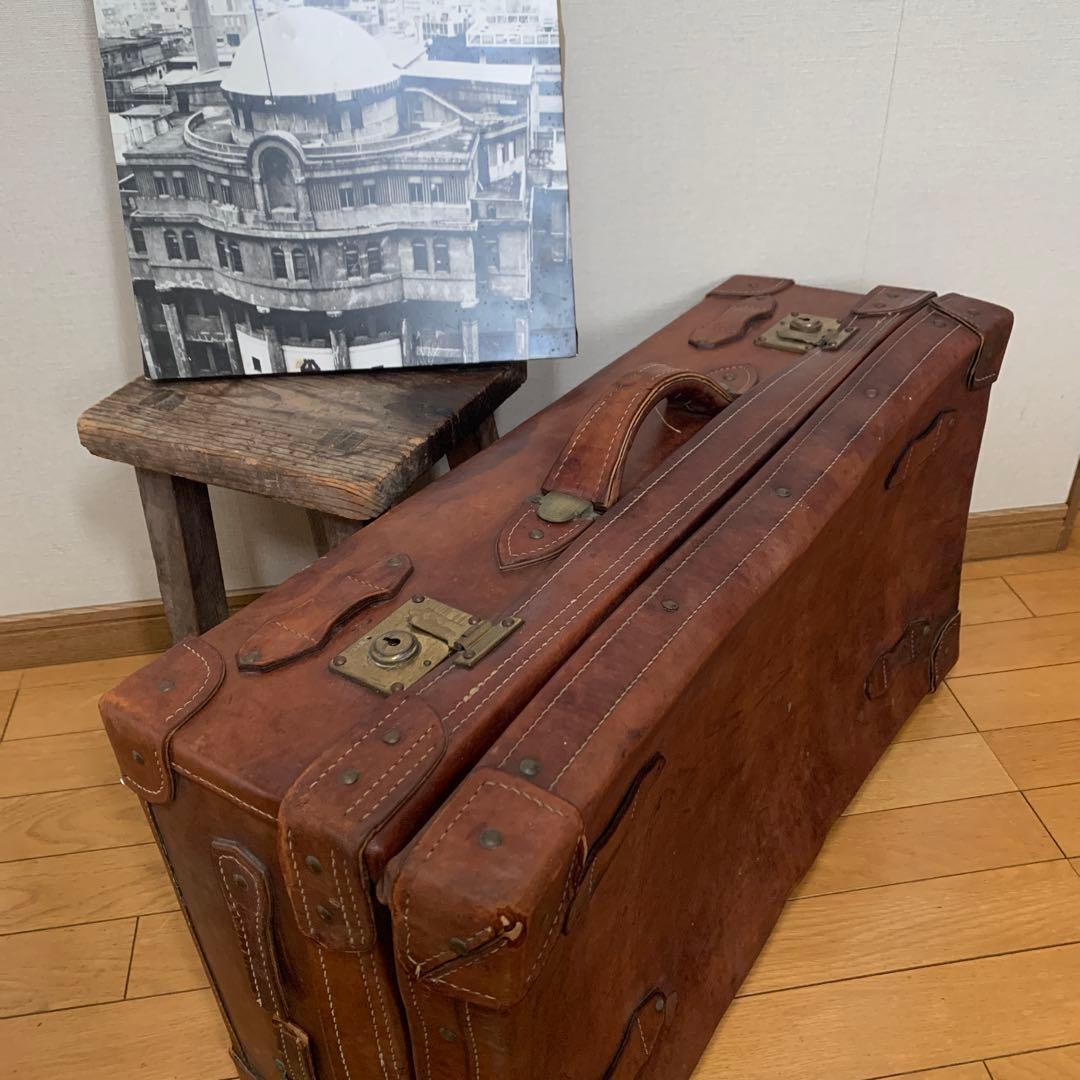 アンティークレザー本革トランク重厚収納ケースヴィンテージオブジェ昭和レトロ