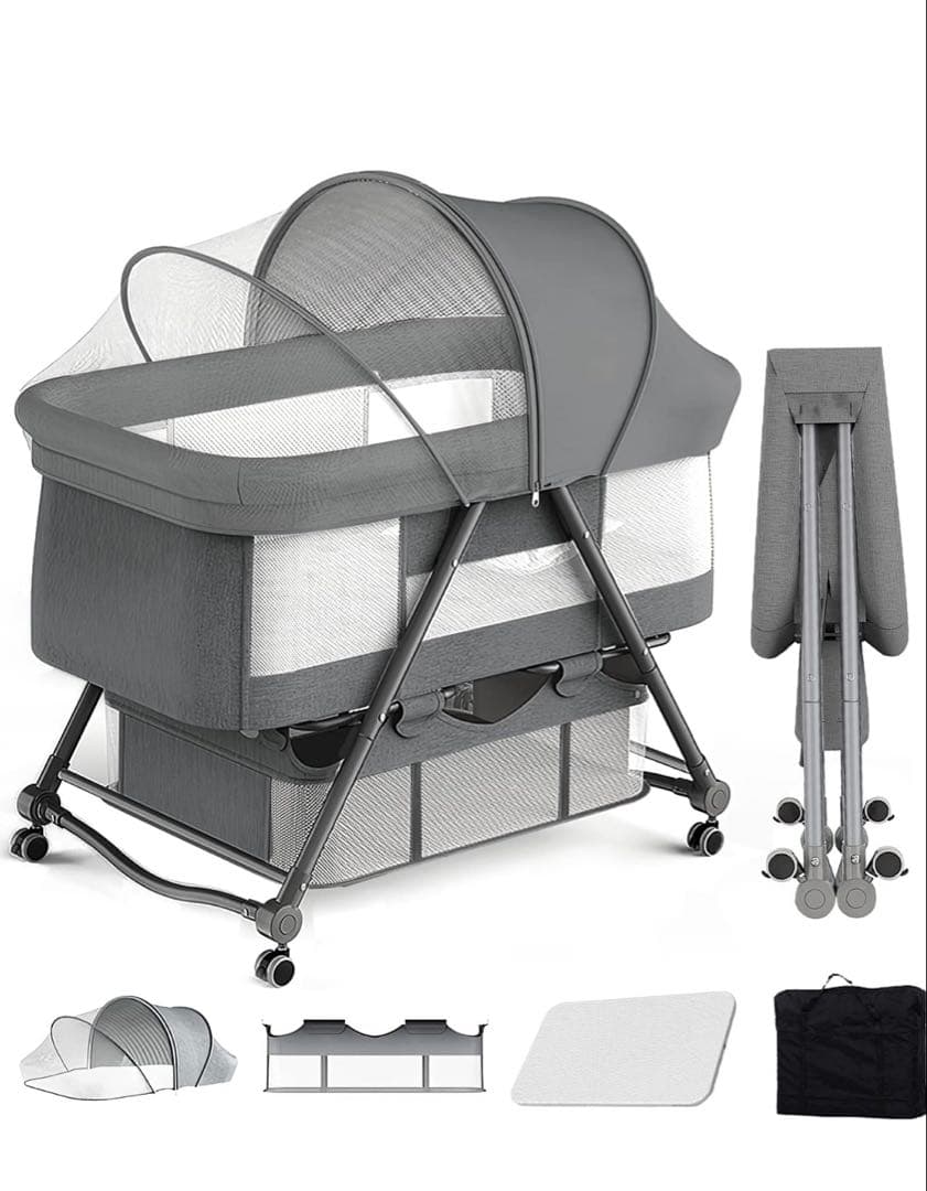 【美品】UBRAVOO ベビーベッド 折りたたみ キャスター付き ゆりかごグレー