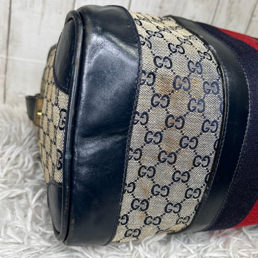 GUCCI GGキャンバス　シェリーライン　ボストンバッグ　ハンドバッグ　紺