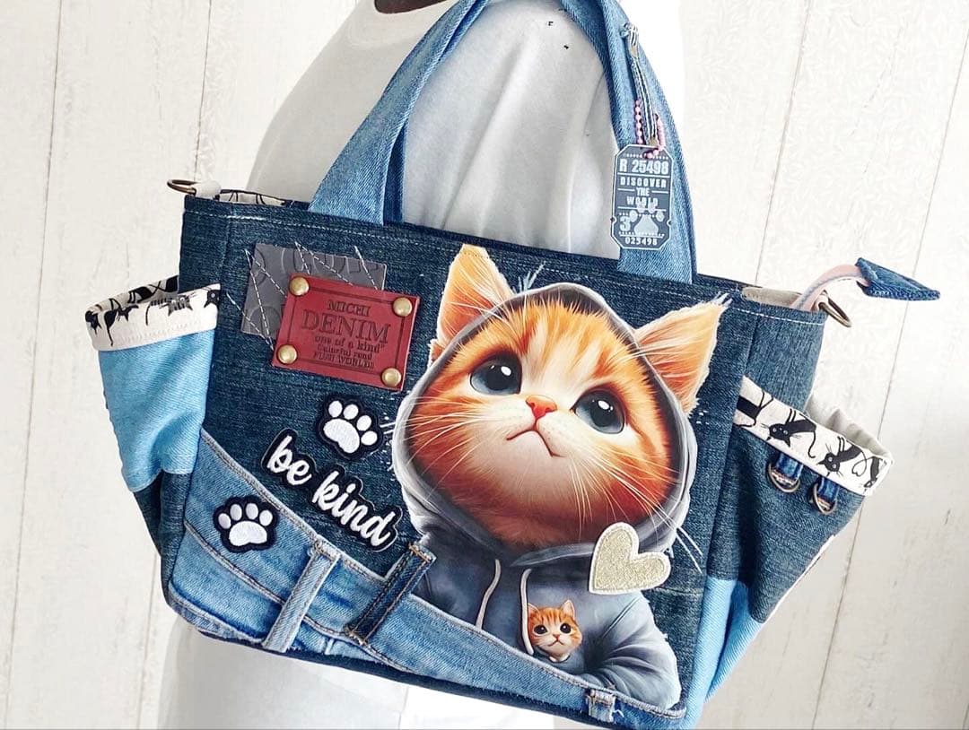 デニムリメイクバックS パールデニム×猫