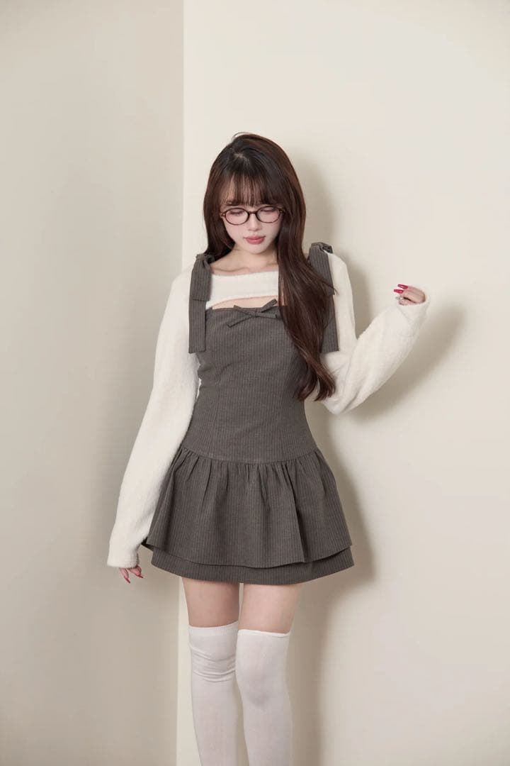 BunnyLis ふわもこボレロ×ストライプミニワンピセット