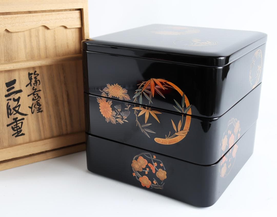 輪島塗 三段重 重箱 花紋 金彩 共箱