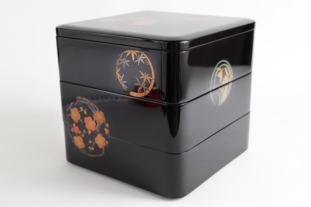 輪島塗 三段重 重箱 花紋 金彩 共箱