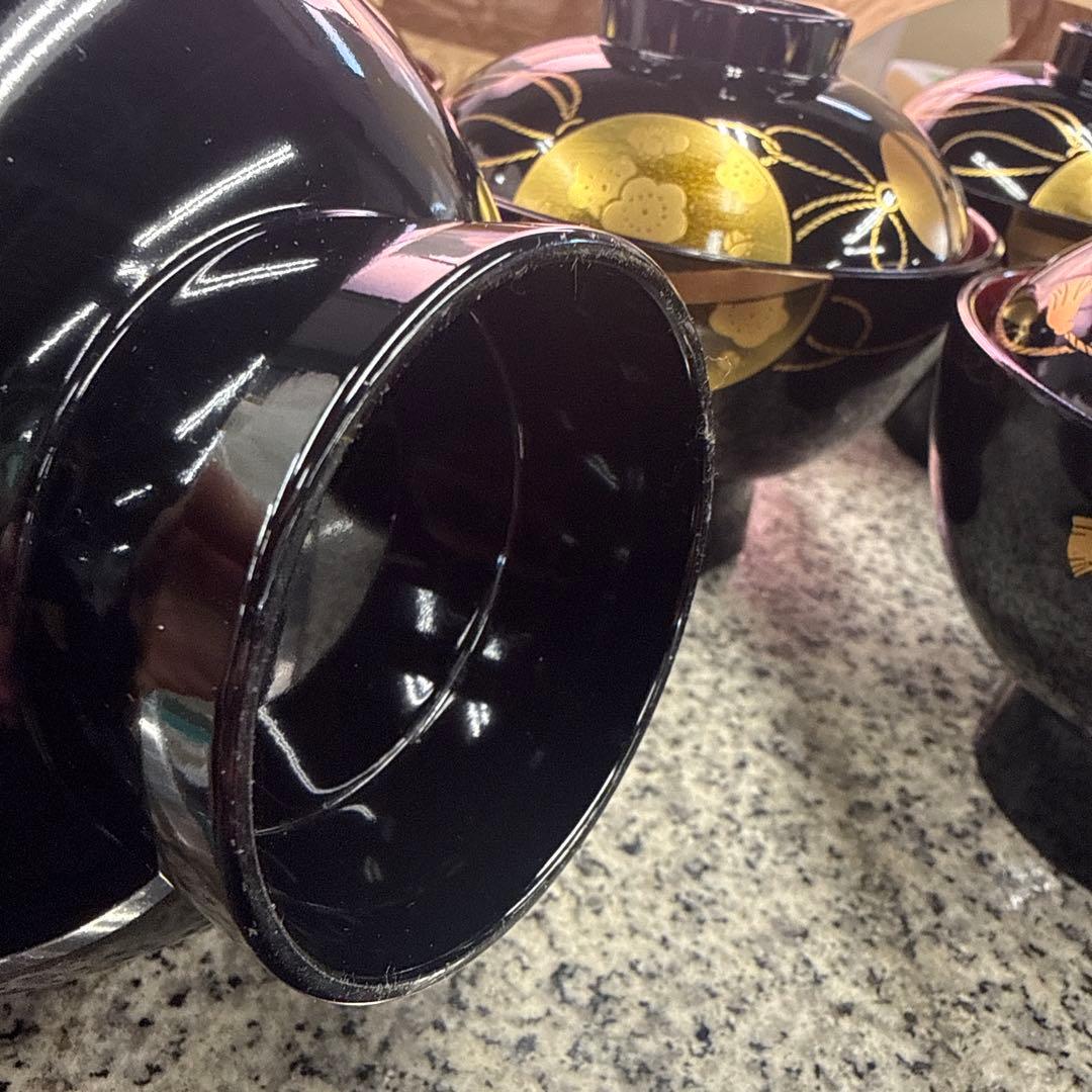 会津塗 金彩蒔絵桜鈴文様 蓋付きお吸物椀 雑煮椀 お椀 5客セット 漆器 汁椀