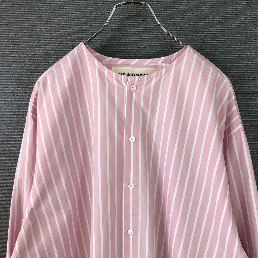 THE SHINZONE NOCOLLAR SHIRTS ピンク ストライプ