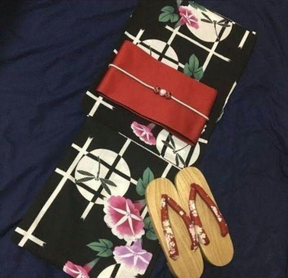 青系の半幅帯と、お任せ帯締めつき◆◆古典柄とんぼと朝顔の花柄浴衣◆