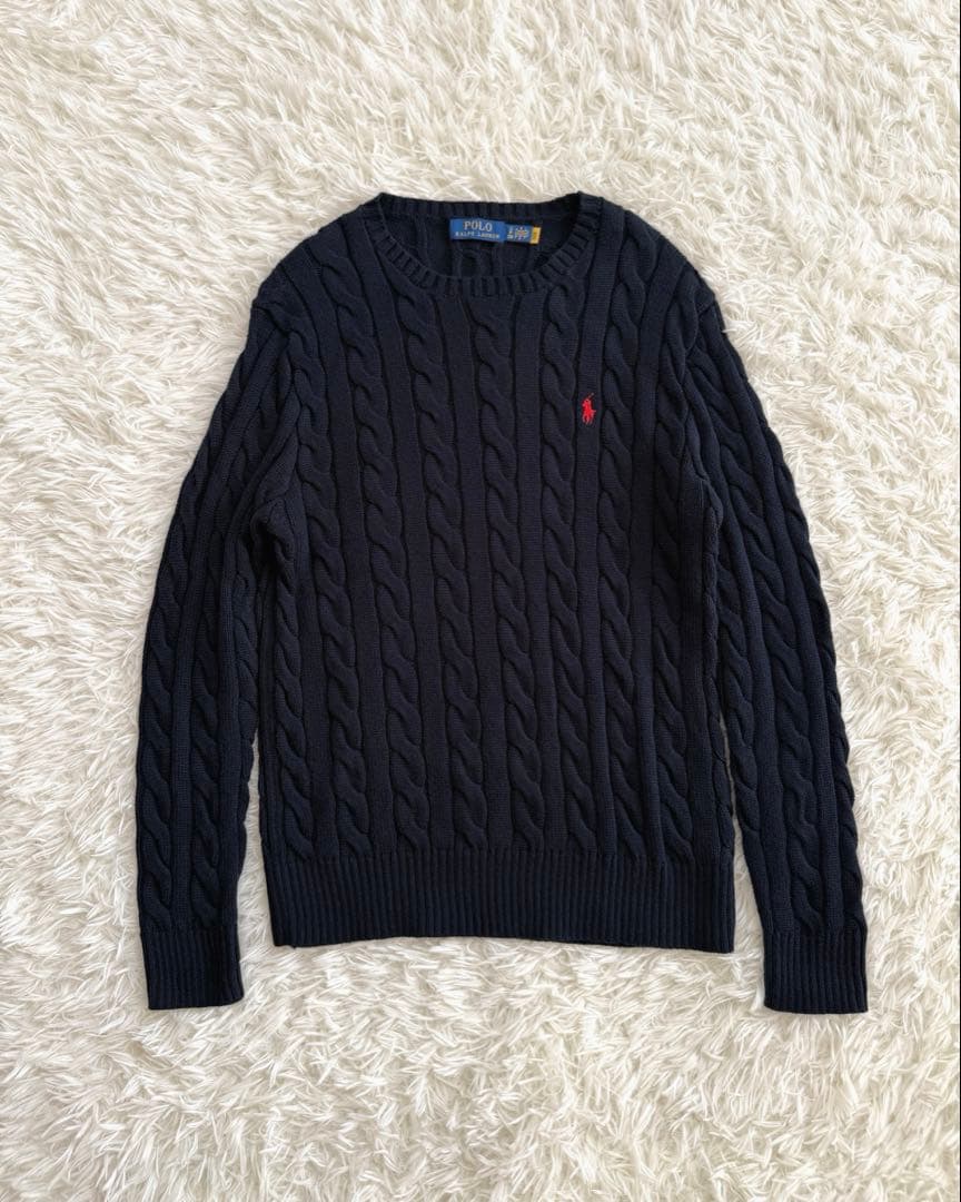 現行 ポロラルフローレン ケーブルニット メンズS ユニセックス 濃紺 ネイビー