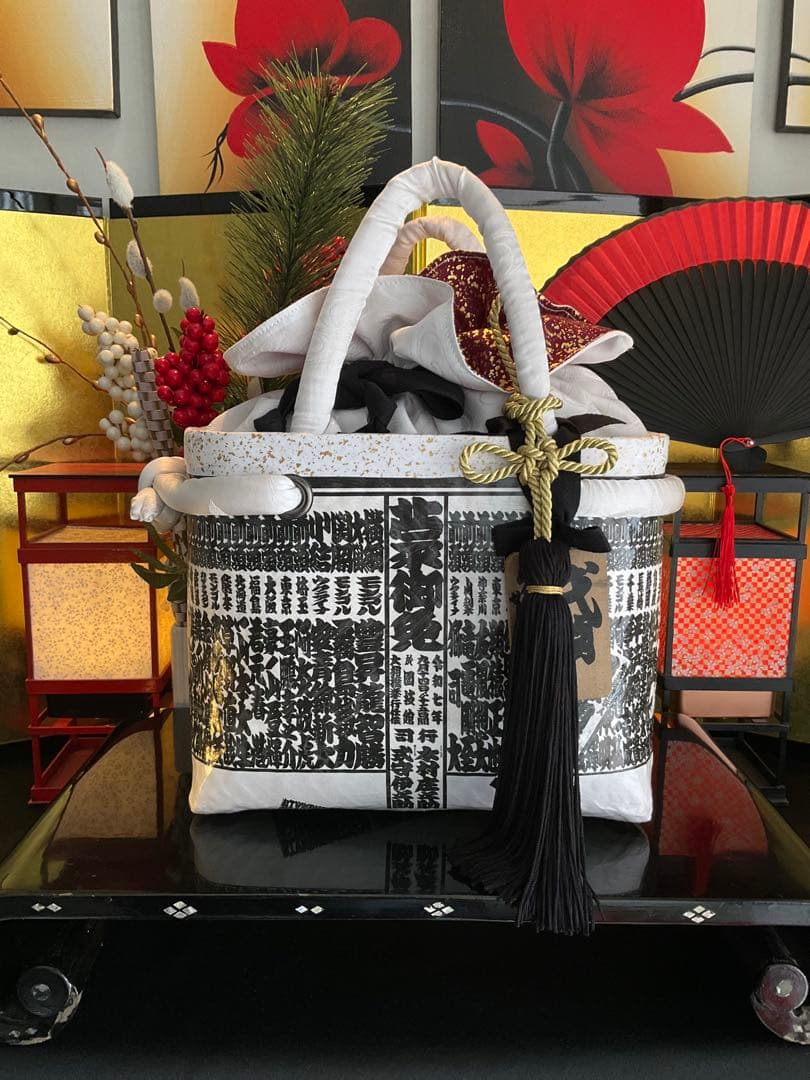 一閑張り　大相撲　相撲番付表　和風　黒白文様　かごバッグ